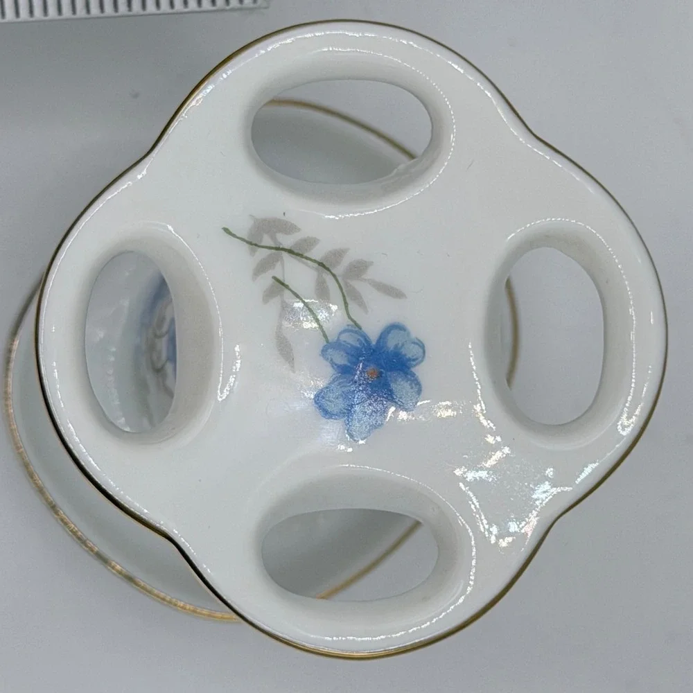 Vintage Made in Japan Porcelain Toothbrush Holder Blue Floral Gold Trim 4 Slot